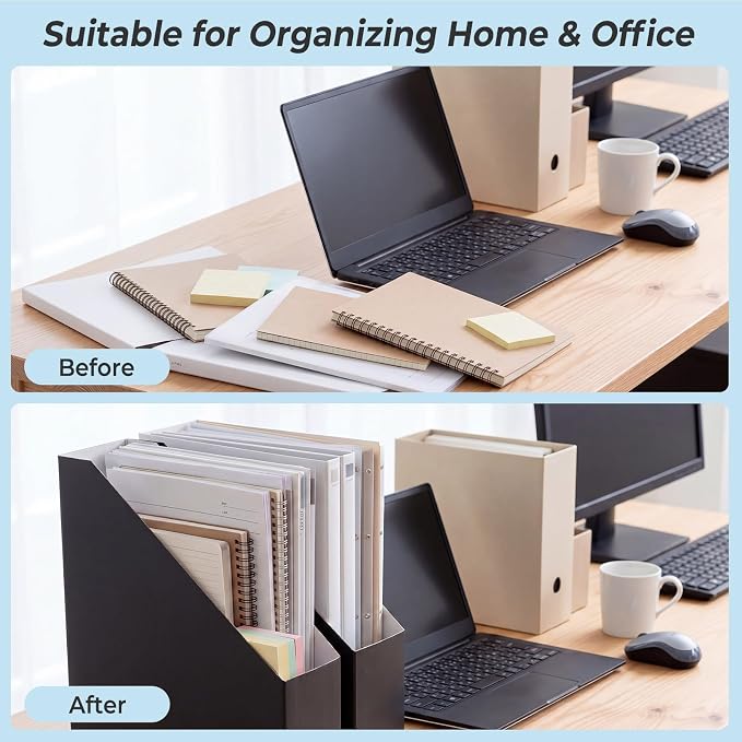 Rempry Magazine File Holders Black Set of 6, Foldable Cardboard Document Organizer Boxes with Labels, Space-Saving Storage for Office, Home, School, 10x3.3x12 Inchs