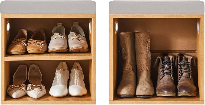 YMYNY Small Shoe Storage Bench with Cushion, Natural, HBD028N | 2 Tier Entryway Bench with Storage, Small Shoe Rack Bench with Adjustable Shelf for Entryway 11 x 15.3 x 16.5 Inches
