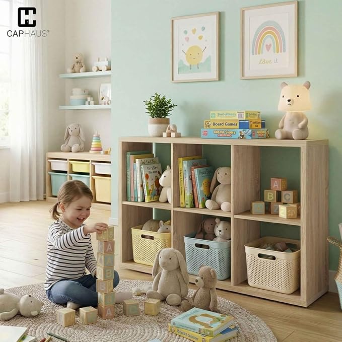 CAPHAUS Sturdy Room 13-Inch Cube Storage Organizer Shelf, with Extra Thick Exterior Edge, Open Storage Shelf Divider, Bookcase, 6-Cube, Natural Oak