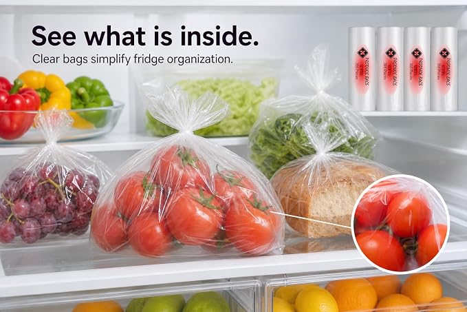 Mr Miracle Plastic Produce Bags for Food Storage - 12"x20" Clear Grocery Bag for Fruits, Vegetables, Bread - Easy Peel-Off Design, Continuous Roll, 1.75" Core, Pack of 1440 Bags [4 rolls]