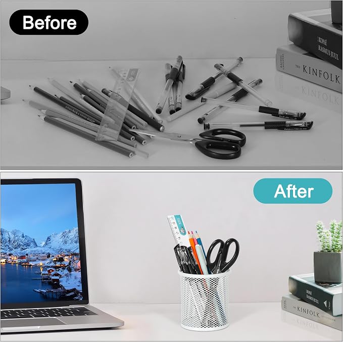 EasyPAG Metal 2-Piece Pen Holder Set Desk Accessories & Workspace Organizers for Classroom, School & Office,White