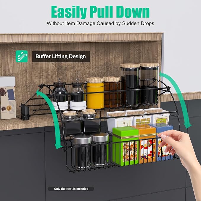 3-Tier Pull Down Spice Rack Organizer, 14.6 * 7.9 * 7.9in 11 lbs Load Capacity Pull Out Spice Organizer Shelf for Inside Cabinet Pantry Expandable Display Riser Shelf Kitchen Seasoning Shelf