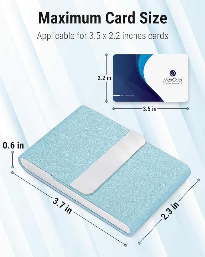 MaxGear Business Card Holder, PU Leather Business Card Case, Light Blue | Stainless Steel Interior, Magnetic Closure, RFID Blocking, Holds 15–25 Standard Business Cards