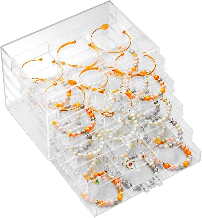 SPAKOWN Earring Organizer, Acrylic Earring Box Large 30 Compartments Jewelry Holder Organizer with 5 Drawers Stackable Earring Bracelet Storage Case Jewelry Boxes for Women (Clear)