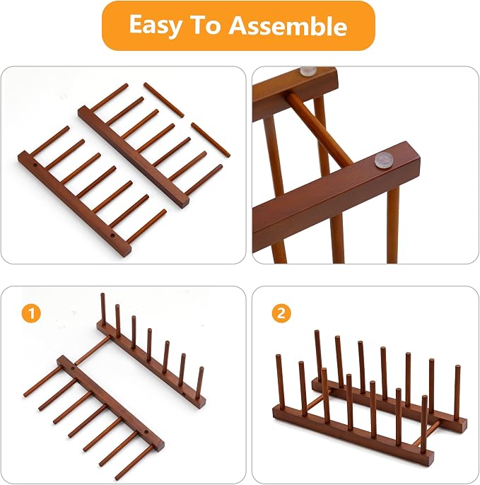 HBlife Teak Wooden Dish Drying Rack Kitchen Plate Organizer Pot Lid Holder | 6 Slots, Vertical Dish Racks for Cabinet Countertop & Wall, Plate Pot Lid Cutting Board Holder, Bowl Cup Drainer, Keep Dry