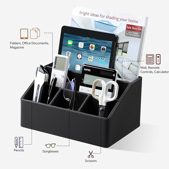 Desk Organizer Caddy with 5 Compartments for Office Art Supplies, PU Leather Nightstand Organizer Pencil Pen Desk Caddy for Home, Desktop TV Remote Control Holder Storage (Black)
