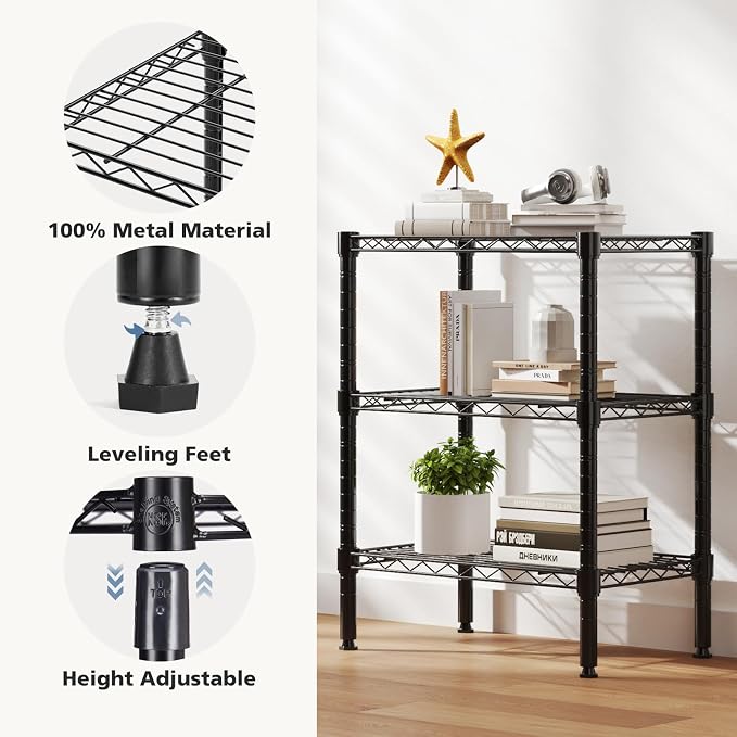 DUMOS 3-Tier Metal Storage Shelves, 23" W Wire Adjustable Standing Storage Rack Shelf, Heavy Duty Steel Shelving Unit Organizers for Kitchen Bathroom Pantry Garage, 23.1" Wx13.4 Dx30 H