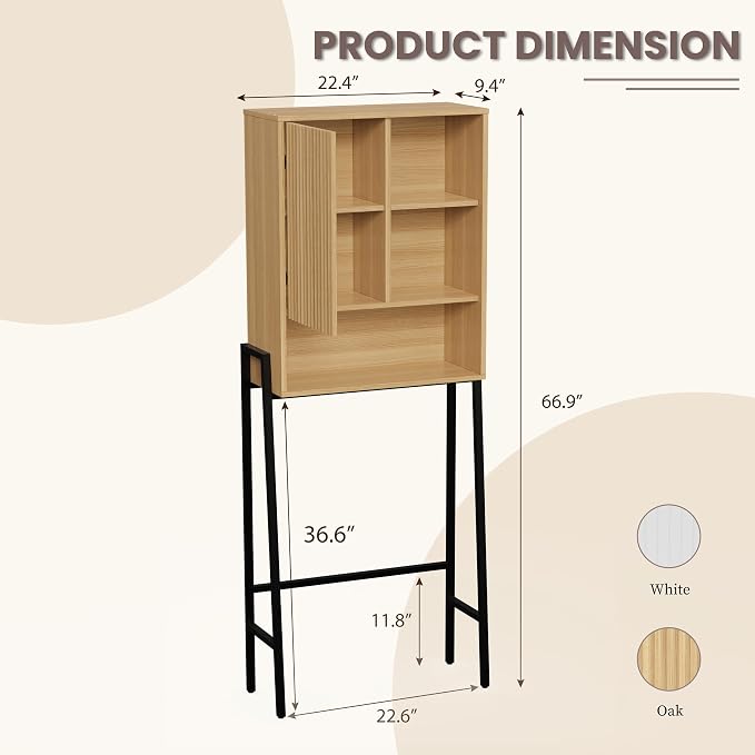 24" W Over The Toilet Storage Cabinet with Fluted Door,Bathroom Organizers and Storage with Adjustable Shelves, Modern Over Toilet Organizer for Bathroom,Restroom,Laundry,Oak
