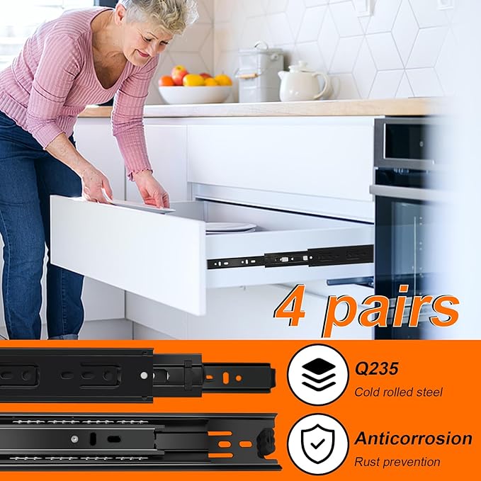 18 inch Drawer Slides 4 Pairs (8pcs) 3 fold Full Extension Side Mount Cabinet Drawer Glides 18" Black Cabinet Rails for Dresser, Cabinet, Kitchen,Trash Can, Wardrobe 100 LB Capacity