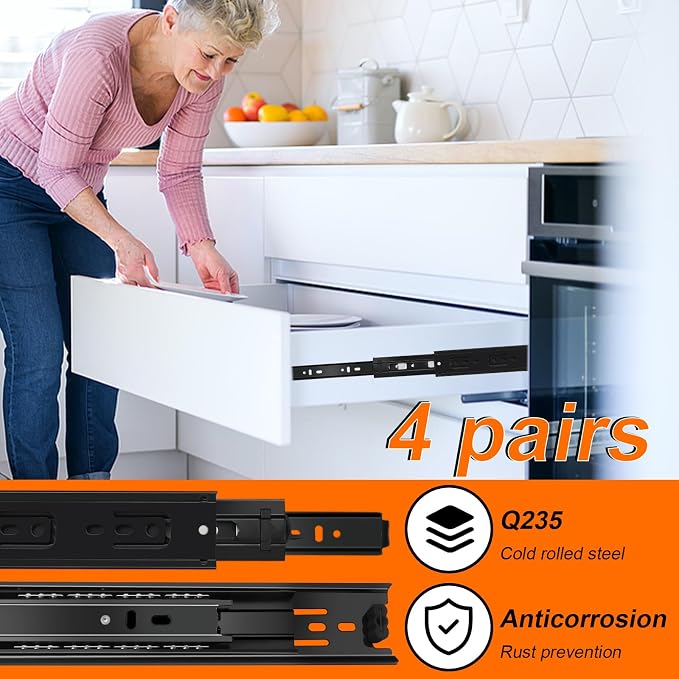 20 inch Drawer Slides 4 Pairs (8pcs) 3 fold Full Extension Side Mount Cabinet Drawer Glides 20" Black Cabinet Rails for Dresser, Cabinet, Kitchen,Trash Can, Wardrobe 100 LB Capacity