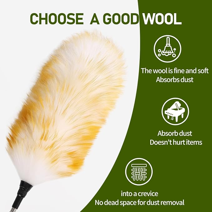 Extendable Lambswool Duster 25-64" Retractable Telescopic Handle Removable Head Multi-Surface Cleaning Tool for Ceiling Fans, Windows, High Walls, and Hard-to-Reach Areas (2pcs)