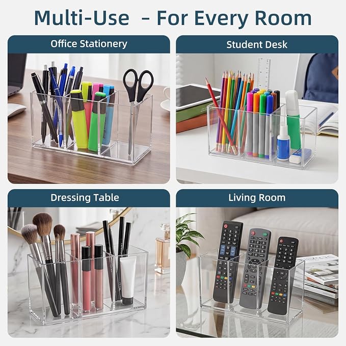 Clear Acrylic Pencil Holder, 3 Compartment Cup Pen Holder for Desk | Desk Organizer for Office School, Makeup Brush Holder for Girls