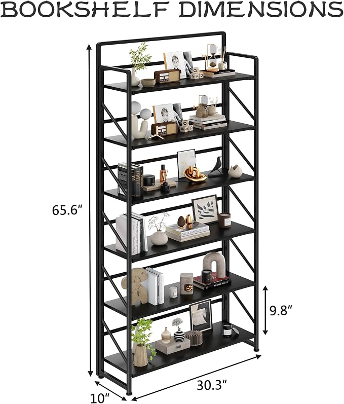 JSB 6 Tier No Assembly Folding Bookshelf, 30.3" Wide Foldable Storage Bookcase for Home Office, Space-Saving Storage Shelf for Living Room (Black)