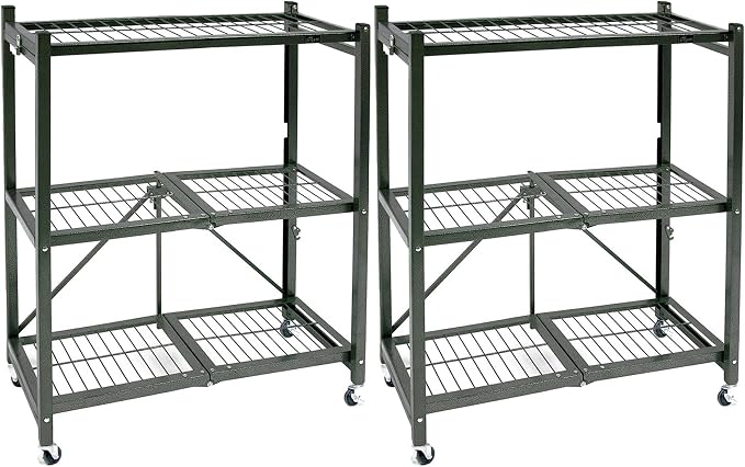 Origami 2 Pack 3 Tier Folding Shelves, Storage Shelving Rack Unit with Wheels, Pewter