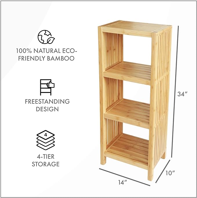 ToiletTree Products Bamboo Freestanding Organizing Shelf - Wooden Bathroom Shelf to Store Toiletries - Bamboo Shelf to Use in The Bathroom, Bedroom, and More - 4-Tier Shelf