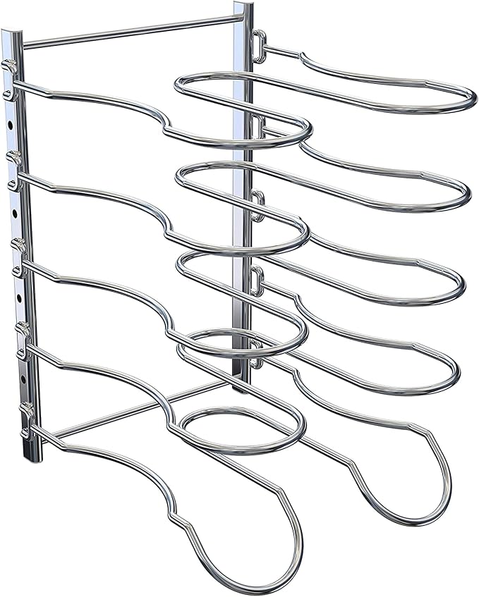 CAXXA Heavy Duty Pan Rack, Pot Lid Rack, Kitchen Cabinet Pantry Cookware Organizer Rack Holder with 5 Adjustable Dividers, Chrome