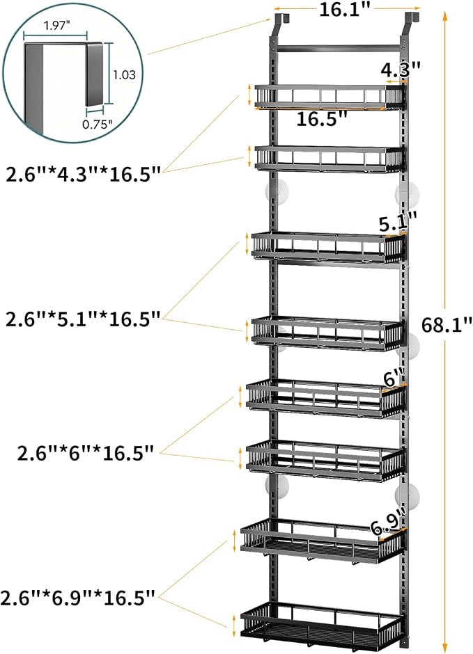PureBox 8-Tier Over the Door Organizer, Heavy-Duty Metal Hanging Storage Rack with Adjustable Baskets, Door-Mounted Pantry Organizer for Kitchen, Bathroom, Laundry Room, Spices, Snacks & Toiletries