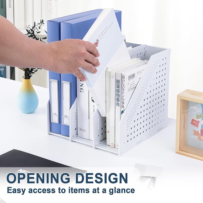 FRETONBA Collapsible Magazine File Holder, 3 Vertical Compartments | Foldable Space-Saving, Sturdy Plastic Binder Holder, Compact for Desk or Shelf, for Office & Home, Easy Access, Light Gray