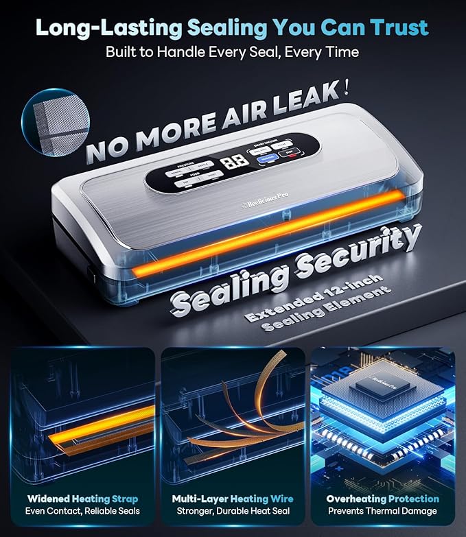 Vacuum Sealer Machine with AirLock ProSeal System, 10-in-1 Vacuum Sealer for Food, Moist/Dry Sealing Modes, Compact Design with Digital Timer, Built-in Cutter & Roll Storage, Stainless Steel