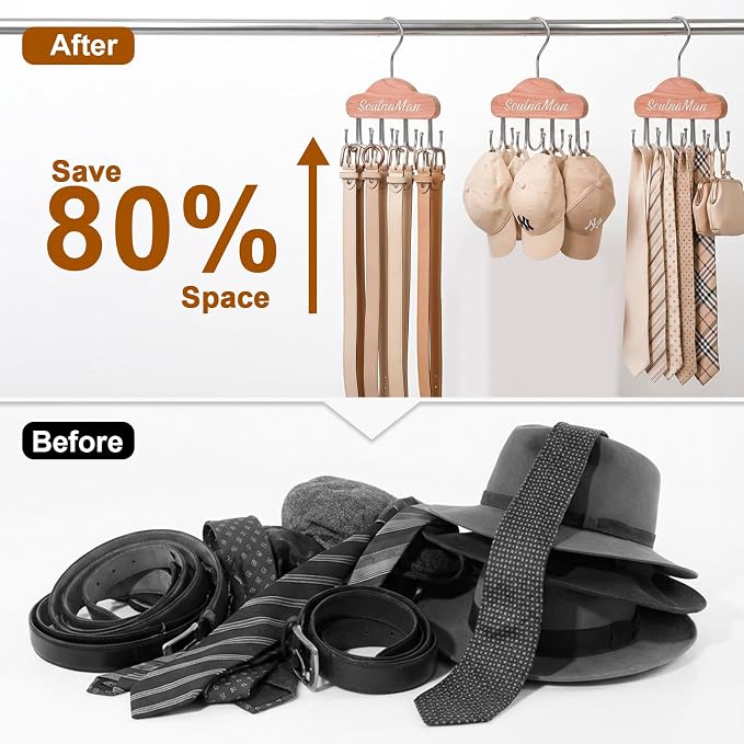 Bra Hanger for Closet Organizer, Cedar,2 Pack 8 Hook | Space Saving Wooden Tank Top Hangers with 8 Foldable Hooks & Holds 24 Items, Storage for Bras, Scarves, Belts, Ties and More