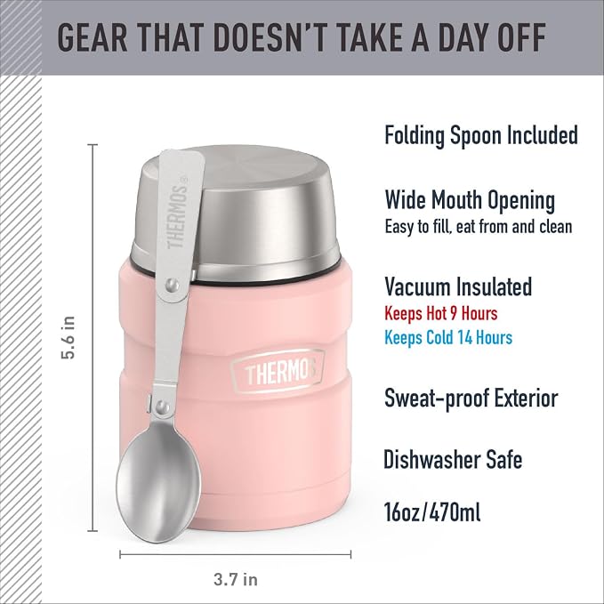 THERMOS Stainless King Vacuum-Insulated Food Jar with Spoon, 16 Ounce, Matte Pink