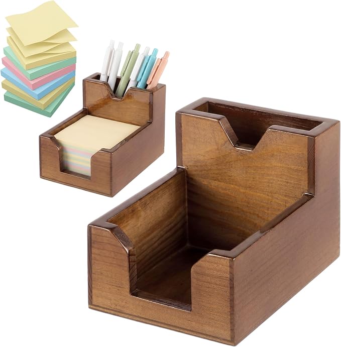 Crtiin 2 Pack Wood Sticky Note Holder, Walnut Color 2-in-1 Pen and Sticky Note Dispenser with 200 Sheets 3x3" Sticky-Notes, Elegant Desk Organizer for Office Home School Dorm Room