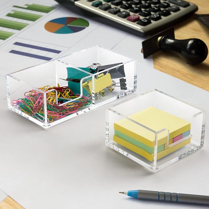Acrylic 2in1 Sticky Note Holder Desk Organizer for 3"X3" Memo | Dual compartment layout, Compact space-saving design, Stable anti-slip base,Multi-scene daily storage