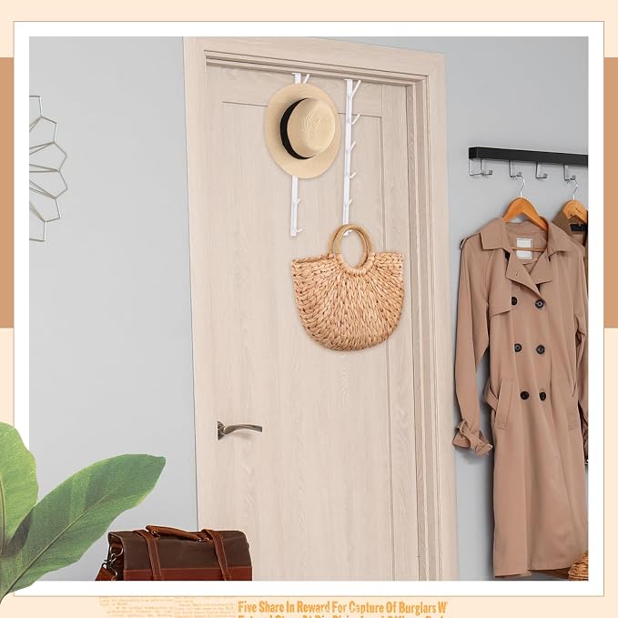 Tandefio 4 Pack 13.8" Over The Door Hook Hanger Comes with 6 Hooks from Large to Small Metal Extra Long Over The Door Hooks Hanger for Hats Rack Coat Scarf Purse Bags Scarf Keys and More (White)