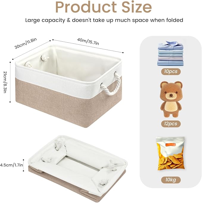 Large Storage Baskets- 15.7x11.8x8.26 inch Storage Bins for Shelves and Closet Organizing, Foldable Fabric Bin for Home Organization Clothes and Laundry (6-Pack, White&Khaki)