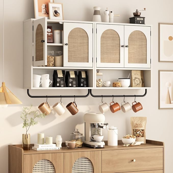 RUSTOWN Rattan Bathroom Wall Cabinet, Boho Medicine Cabinet with 2 Arched Doors, Farmhouse Over the Toilet Storage Cabinets with Adjustable Shelves & Towel Bar, 3-Tier Wall Mounted Cabinets