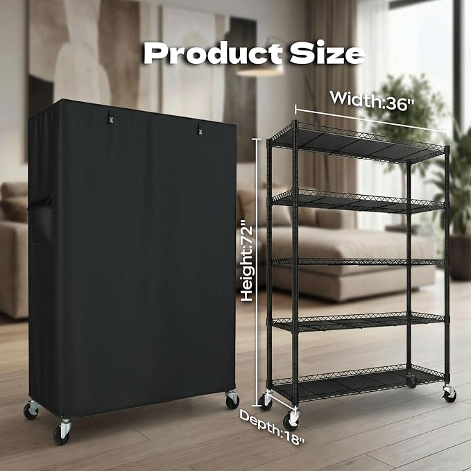 Wire Shelving Unit with 600D Oxford Cover & Wheels, 36"x18"x72" | 5-Tier Heavy Duty Rolling Storage Shelves, Storage Rack Wire Shelf for Kitchen Pantry, Garage, Basement & Warehouse