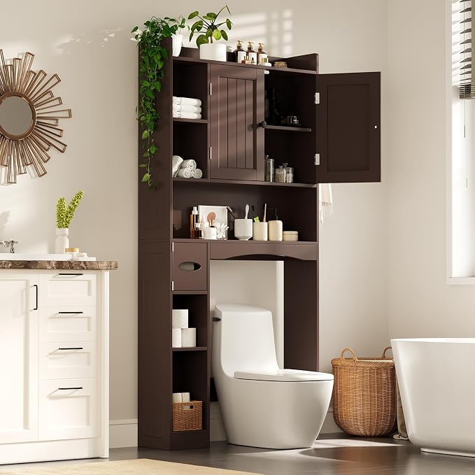 Gizoon Over The Toilet Storage Cabinet, 66''H Over Toilet Storage Cabinet, with Paper Holder, Adjustable Shelves, 2 Doors, Over Toilet Bathroom Organizer, 2 Side Hooks, Space-Saver, Dark Brown