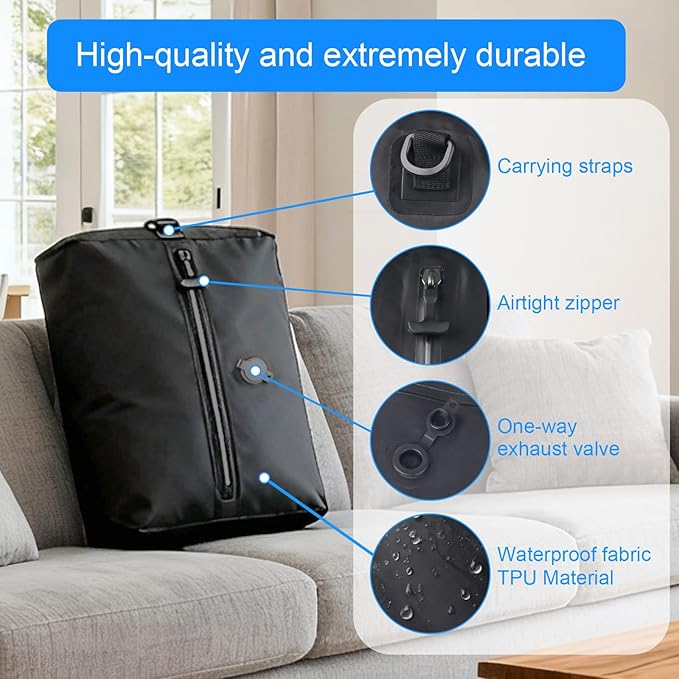 travel vacuum bag, equipped with a wireless vacuum pump, can save space in suitcases, backpacks and carry-on items. It is IP67 waterproof and reusable (1PC Black)