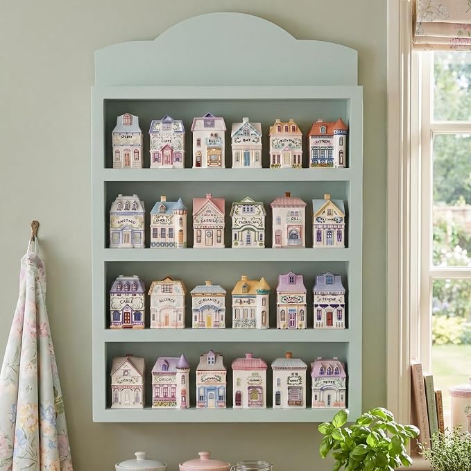 Chunful Vintage Spice Jar Wooden Rack Green Cottagecore Spice Shelf for 24 Jars, Village Style Wall Mounting Kitchen Storage Decorative Hanging Display Rack, Shelf Only(21 x 14 Inches)