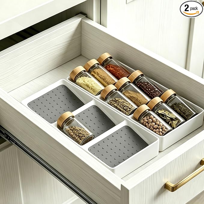 Kitchen Drawer Organizer,2 Pack,With silicone non-slip mat;Suitable for drawers in the kitchen,bathroom,bedroom,Spice Rack Organizer for Cabinet, Making up Organizer,Spice Bottle Organizer