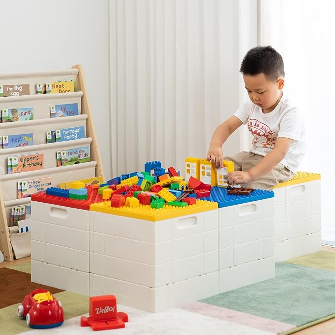 SHIMOYAMA Collapsible Kids Storage Box with Building Base for Lego Duplo Blocks, 26 Qt. Toy Organizer for Boys and Girls, 25L Stackable Toy Chests for Children, Green