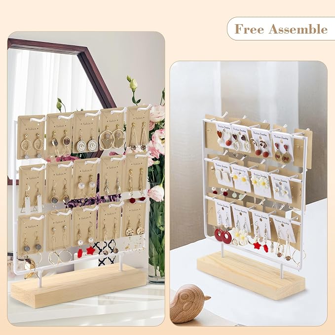 Earring Display Stand 3 Tier 15 Hooks Wood Earring Display Rack Holder for Earings Necklaces Rings Bracelets Keychains (White)