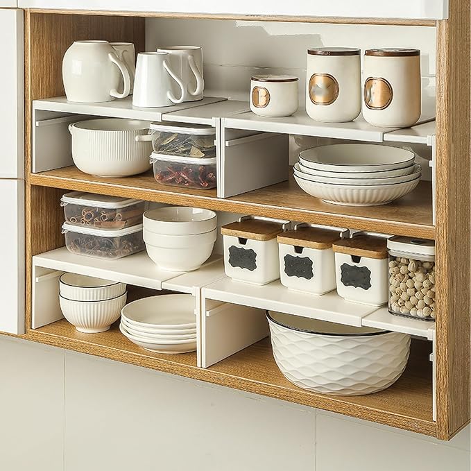 Cabinet Shelf Expandable Organizer Riser Storage Space Saver Stackable for Kitchen Pantry Cupboard Under Sink Countertop White Simple Houseware Counter (White)