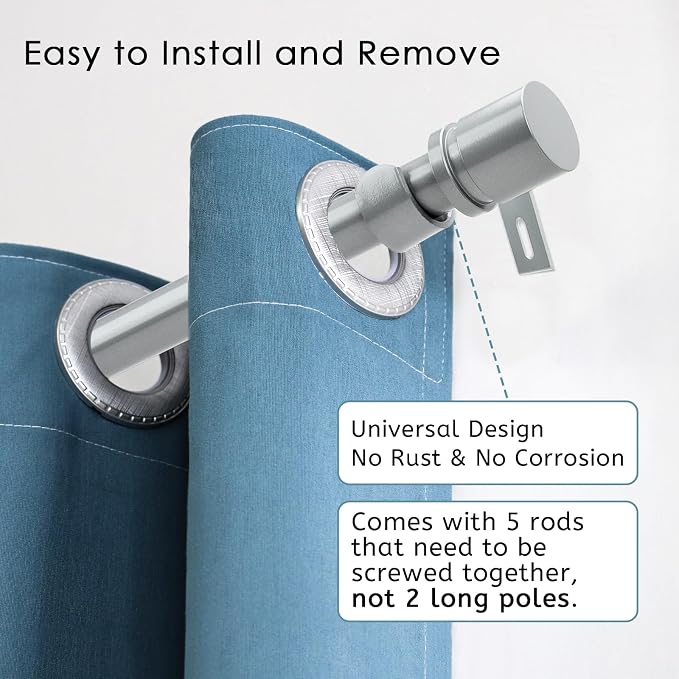 Byondeth Curtain Rods for Windows 16 to 88 Inches Adjustable Length 1 Inch Diameter Window Curtain Rod with Aluminium End Cap, Silver Gray