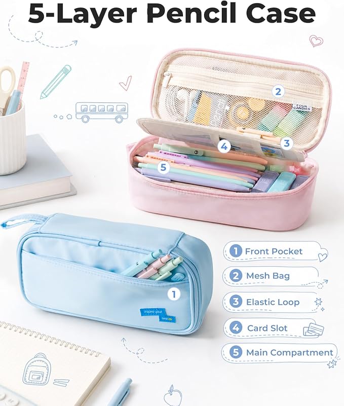 Four Candies Large Pencil Case, 5 Compartments Pen Organizer, Big Capacity Canvas Pencil Pouch Bag for School Supplies, Portable Stationery Holder for Teen Girls, Women (White)