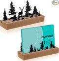 CroBlissful 2 Pcs Deer Forest Business Card Holders for Desk, Wood&Metal Black Mountain Range Forest Reindeer Silhouette Business Card Display Stand for Home Office