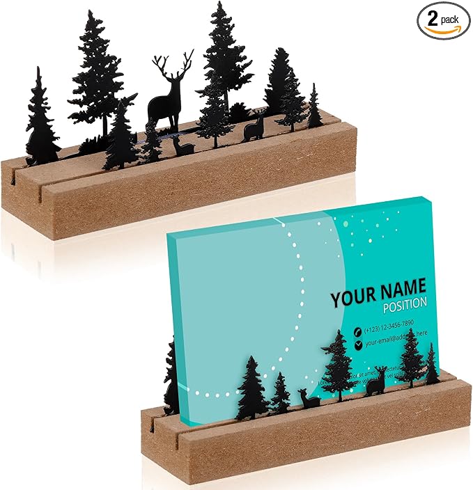CroBlissful 2 Pcs Deer Forest Business Card Holders for Desk, Wood&Metal Black Mountain Range Forest Reindeer Silhouette Business Card Display Stand for Home Office