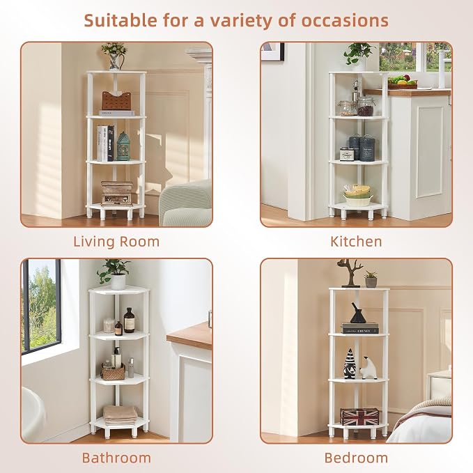 YUFAM 4-Tier Corner Shelf with Sturdy 5-Leg Base, Wooden Corner Bookshelf for Small Spaces, Corner Standing Shelf for Living Room, Bedroom, Office, White