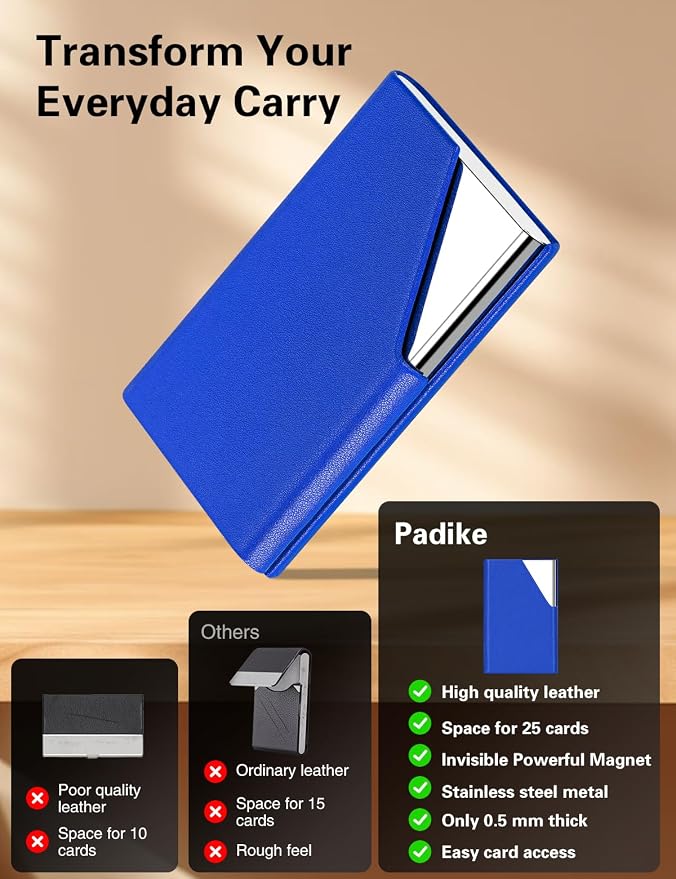 Padike Business Card Holder, Upgraded Leather Business Card Case Pocket Card Holders for Men or Women, Metal Slim Name Card Holder RFID Blocking Business Card Carrier with Magnetic Closure (Y-BU)