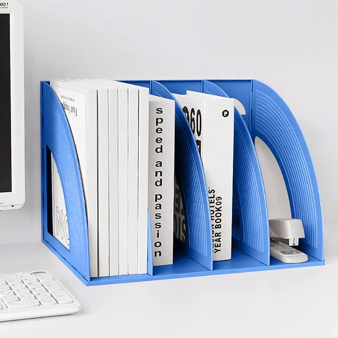 A4 File Holder Magazine File Folder Desk Organizer, 4 Vertical Compartments Bookshelf Document Divider Paper Box Bookends for Office Home Organization and Storage Racks