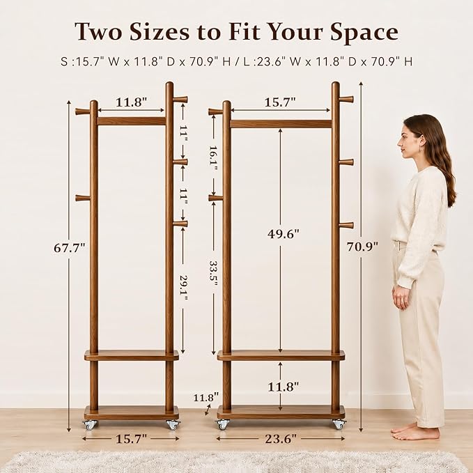 Taitiy Coat Rack Freestanding Clothing Rack with Wheels & 2 Shelves Storage & 5 Hooks Heavy Duty Clothes Rack Wood Coat Tree Stand Hat Hanger Rack for Corner Bedroom Entryway Living Room Hotel Size L