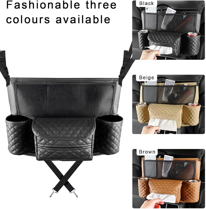 DXNQ Car Purse Holder Between Seats, Luxury Leather Front Seat Back Handbag Organizer with Tissue Box Cup Holders, Auto Large Capacity Multi Pocket Purse Holder Hanging Storage Bag (Black)