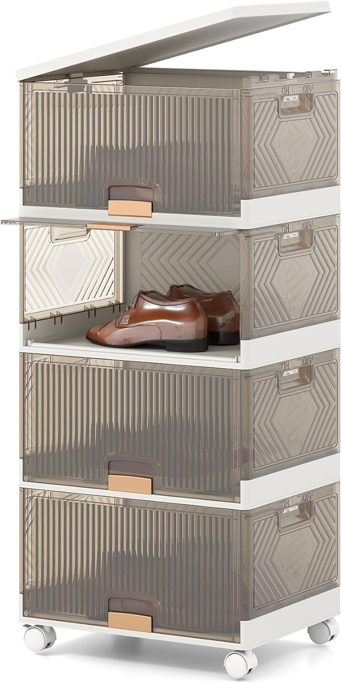 Giantex 4 Tier Stackable Storage Bins with Lids, 18 GalFoldable Shoe Storage Box with Detachable Wheels & Flip-Up Doors, Collapsible Closet Organizers and Storage Bins