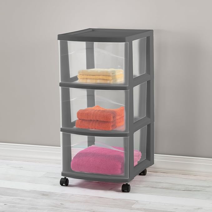 Sterilite 4 Pack 3 Drawer Storage Cart, Rolling Organization, Flat Gray