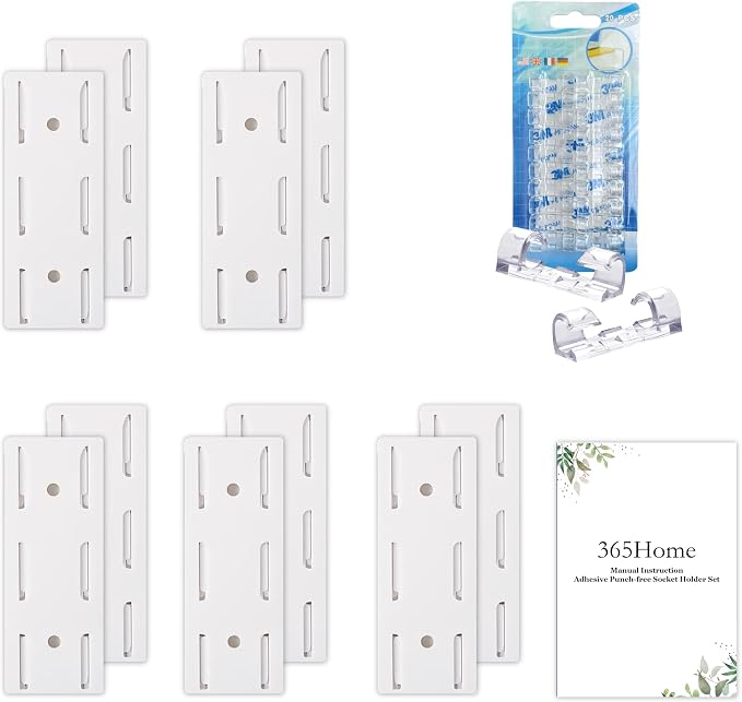 10-Pack Adhesive Punch-Free Socket Holder, Self Adhesive Desktop Socket Fixer, Power Strip Holder Wall Mount with 20 Pcs Cable Organizer Clips, Suitable for WiFi Routers, Remote Controls